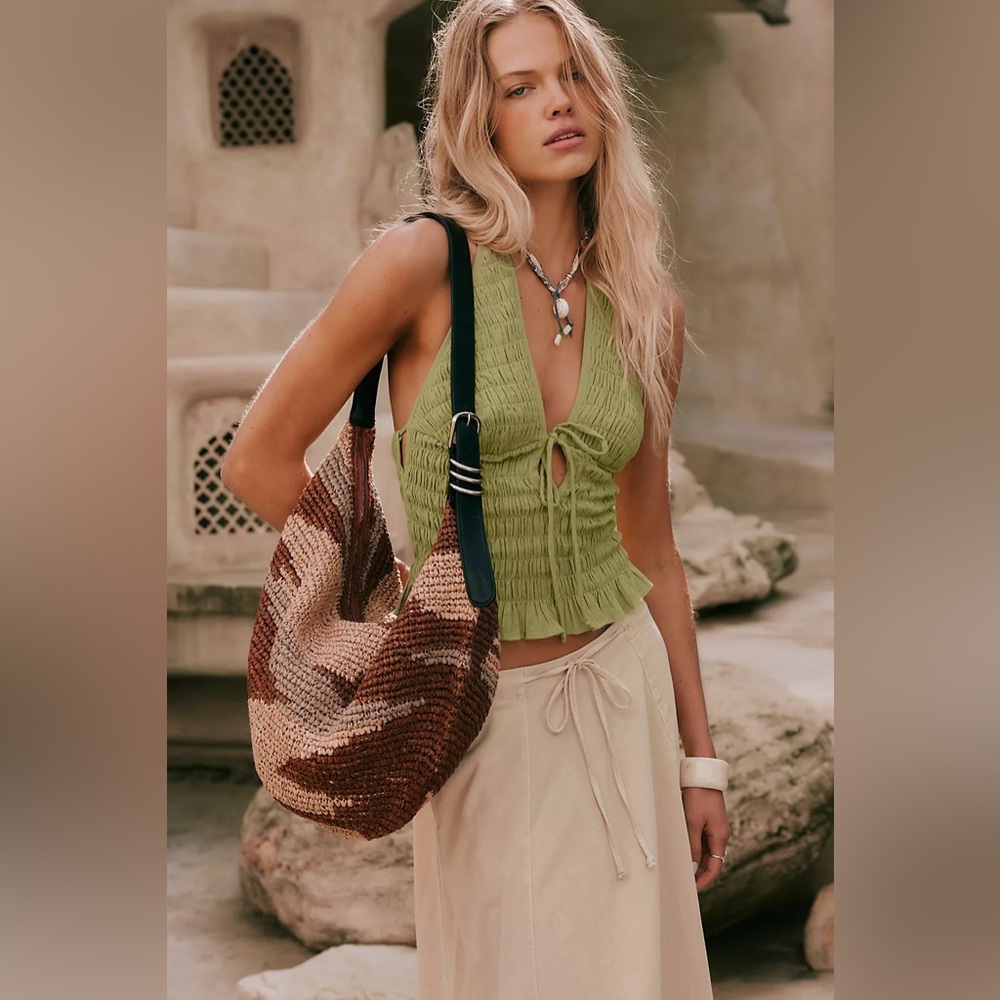 Free People woven crescent hobo bag brown beige black leather shoulder strap - Picture 2 of 11